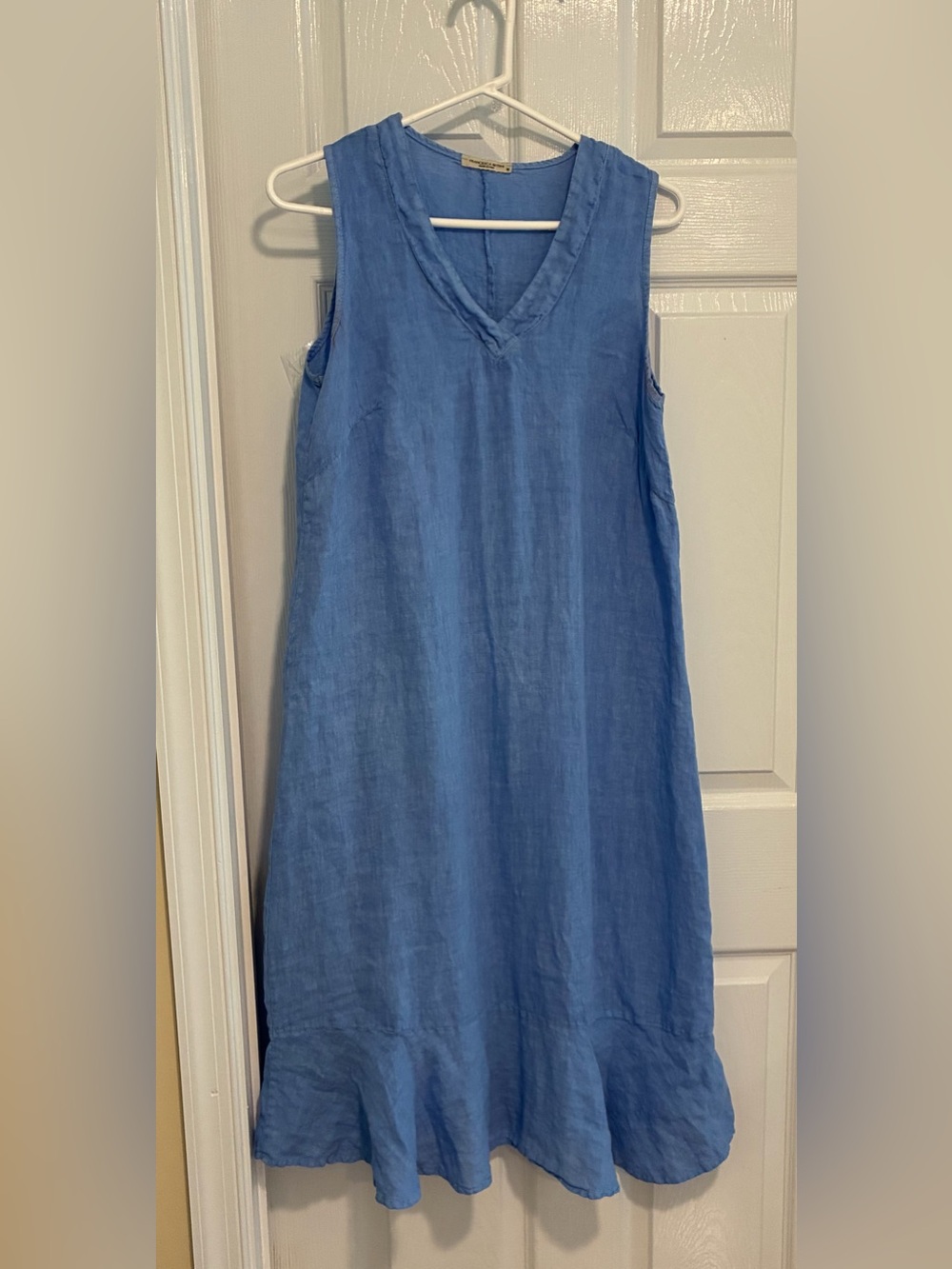 Sleeveless Blue linen V-Neck Midi Dress Medium by Francesca Bettina